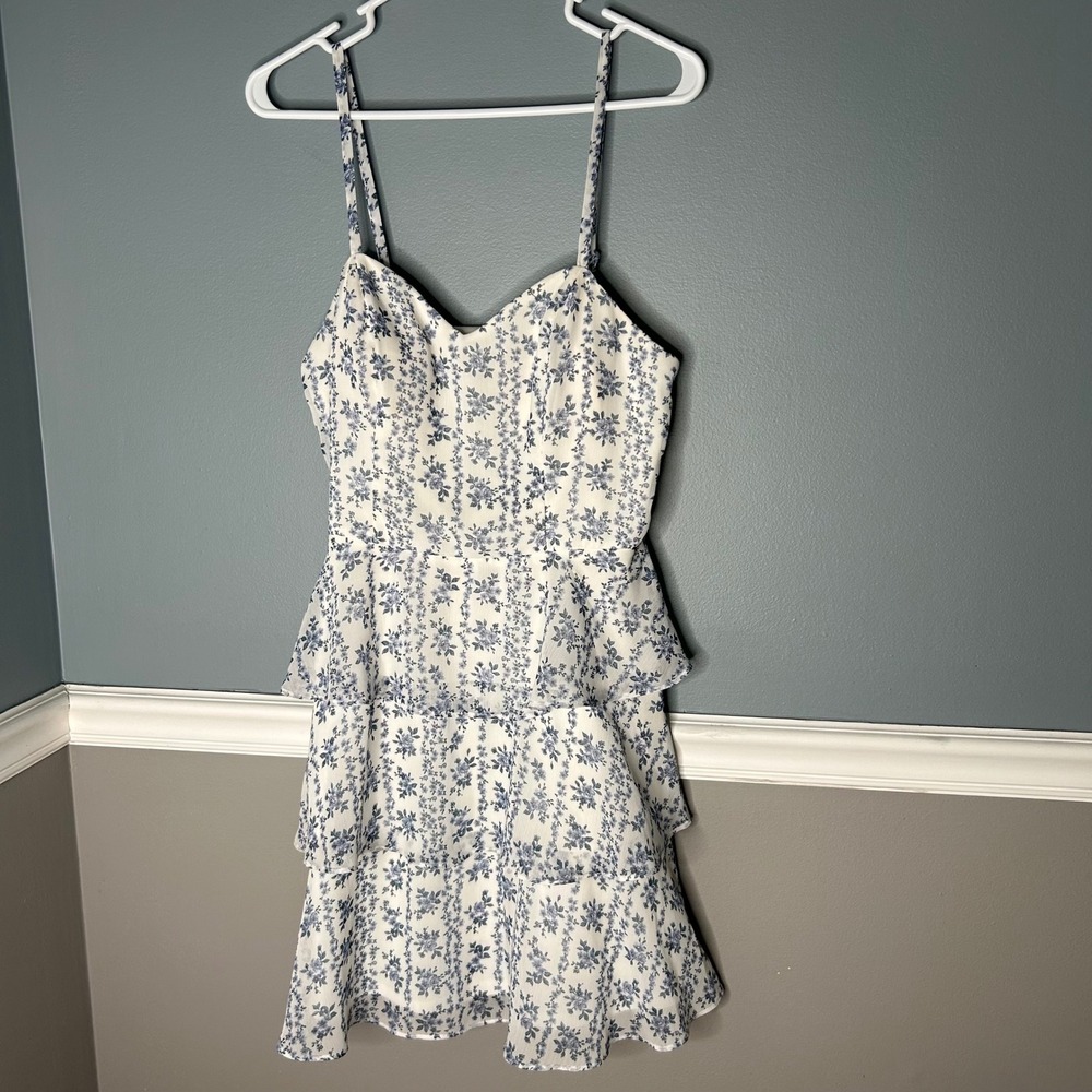 BCX Dress Womens Large Blue White Floral‎ Tiered Ruffle Mini Dress Sweetheart